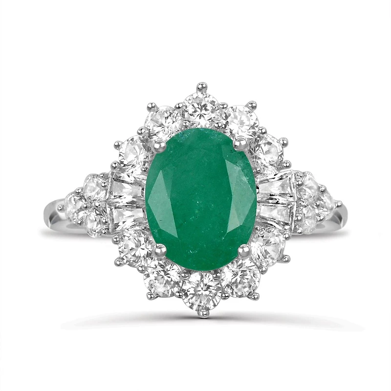 Sterling Silver Emerald & White Zircon Halo Ring