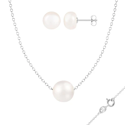Sterling Silver 8-9mm 18" White Freshwater Pearl Pendant & Earring Set