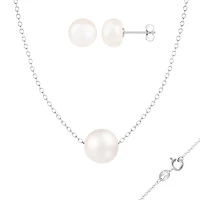 Sterling Silver 8-9mm 18" White Freshwater Pearl Pendant & Earring Set