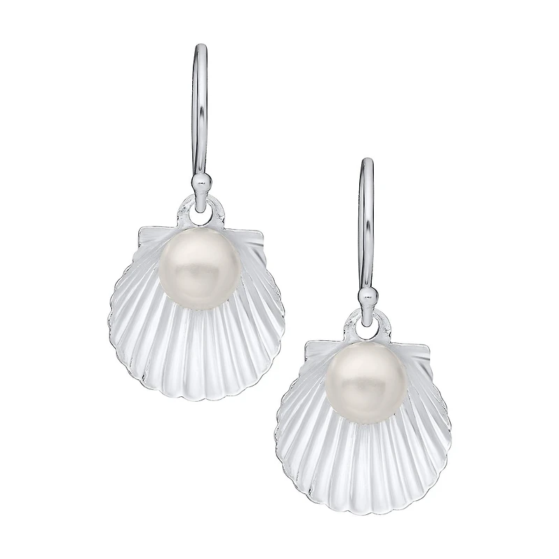Sterling Silver Cultured Pearl Scallop Drop Earrings