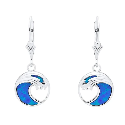 Sterling Silver Created Blue Opal Wave Drop Earrings