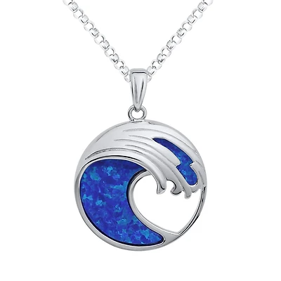 Sterling Silver Created Blue Opal Wave Pendant 18