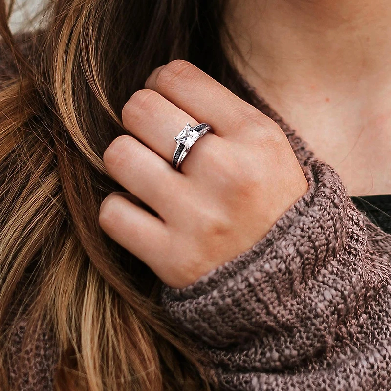 Julianna B Sterling Silver Created White Sapphire & Black Diamond Ring