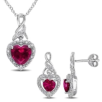 Julianna B Sterling Silver Created Ruby & Diamond Earring and 18" Pendant Set