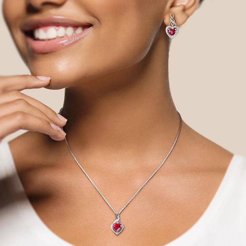 Julianna B Sterling Silver Created Ruby & Diamond Earring and 18" Pendant Set