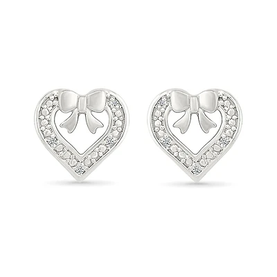 Diamond Heart & Bow Stud Earrings in Sterling Silver