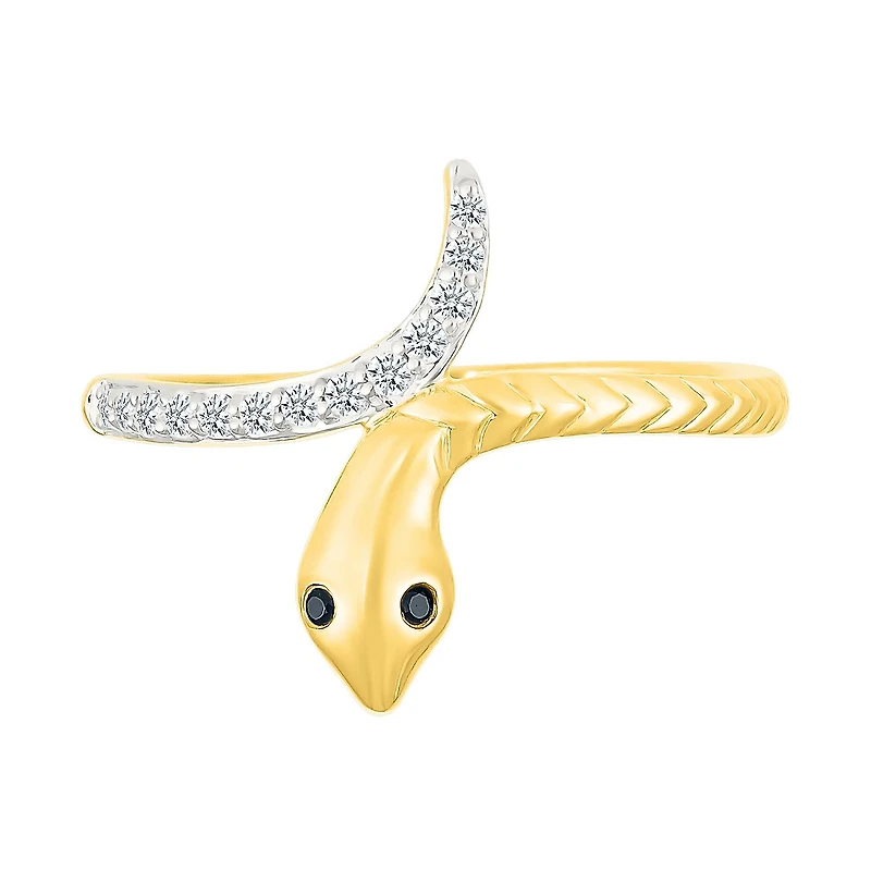 Black & White Diamond Snake Ring in 10K Yellow Gold