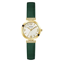 Guess Women's Gold Tone Green Strap Crystal Array Watch