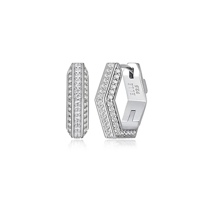 ELLE "Cheer" Rhodium Plated White Sapphire Hexagon Hoop Earrings