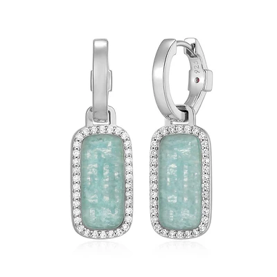 ELLE "Allure" Rhodium Plated Amazonite & Cubic Zirconia Halo Hoop Earrings