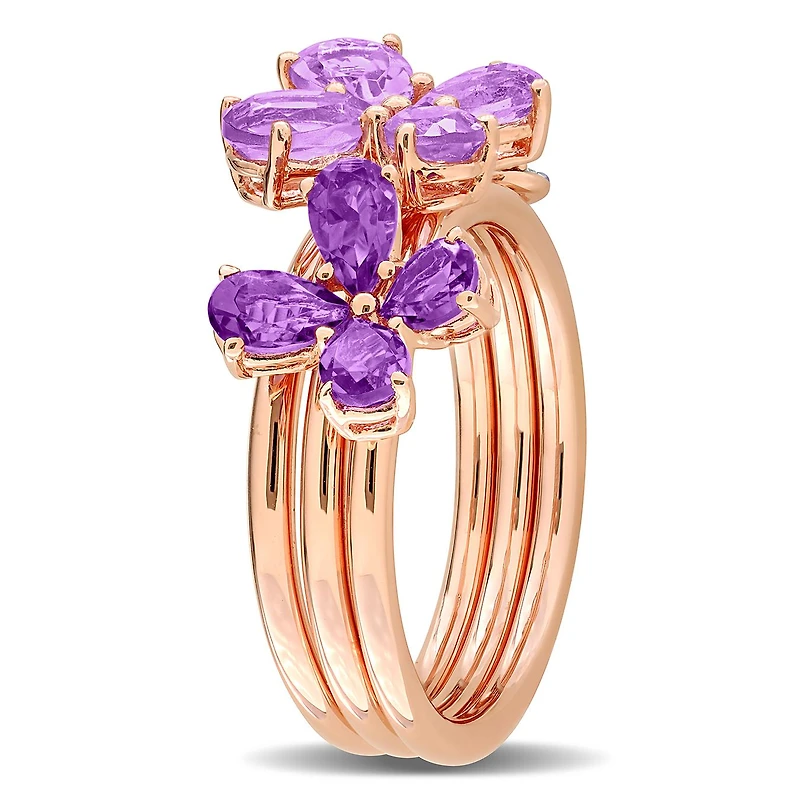 Julianna B Rose Plated Sterling Silver Amethyst & Diamond Floral Ring Set