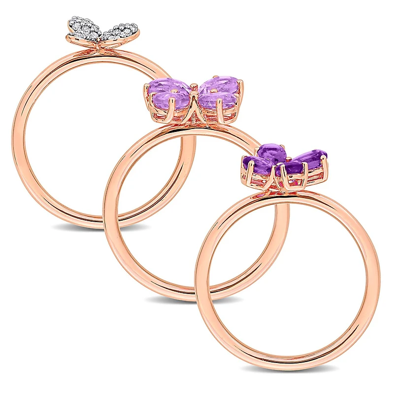Julianna B Rose Plated Sterling Silver Amethyst & Diamond Floral Ring Set