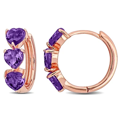Julianna B Rose Plated Sterling Silver Amethyst Triple Heart Hoop Earrings