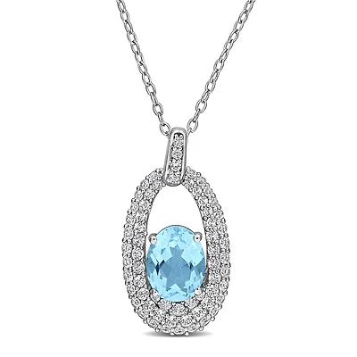 Julianna B Sterling Silver Sky Blue Topaz and White Topaz Oval 18" Necklace