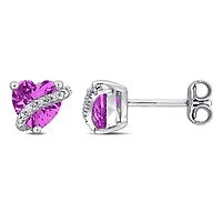 Julianna B Sterling Silver Created Pink Sapphire and Diamond Heart Stud Earrings