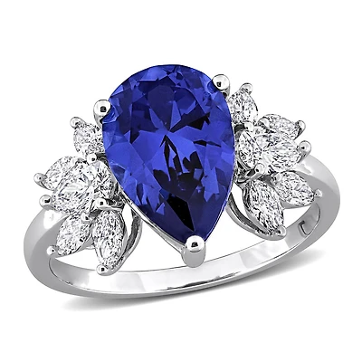 Julianna B 18K White Gold Created Blue Sapphire & Lab-Grown Diamond Floral Ring