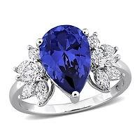 Julianna B 18K White Gold Created Blue Sapphire & Lab-Grown Diamond Floral Ring