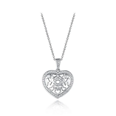 Sterling Silver Cubic Zirconia Mom Heart 19" Pendant