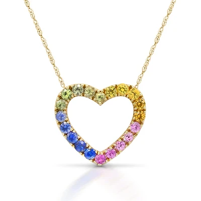 10K Yellow Gold Multi-Coloured Sapphire Heart 18" Pendant