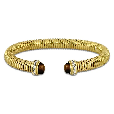 Julianna B Yellow Plated Sterling Silver Tiger's Eye & CZ Bangle
