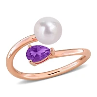 Julianna B Pink Plated Sterling Silver Amethyst & 6-6.5MM Pearl Ring