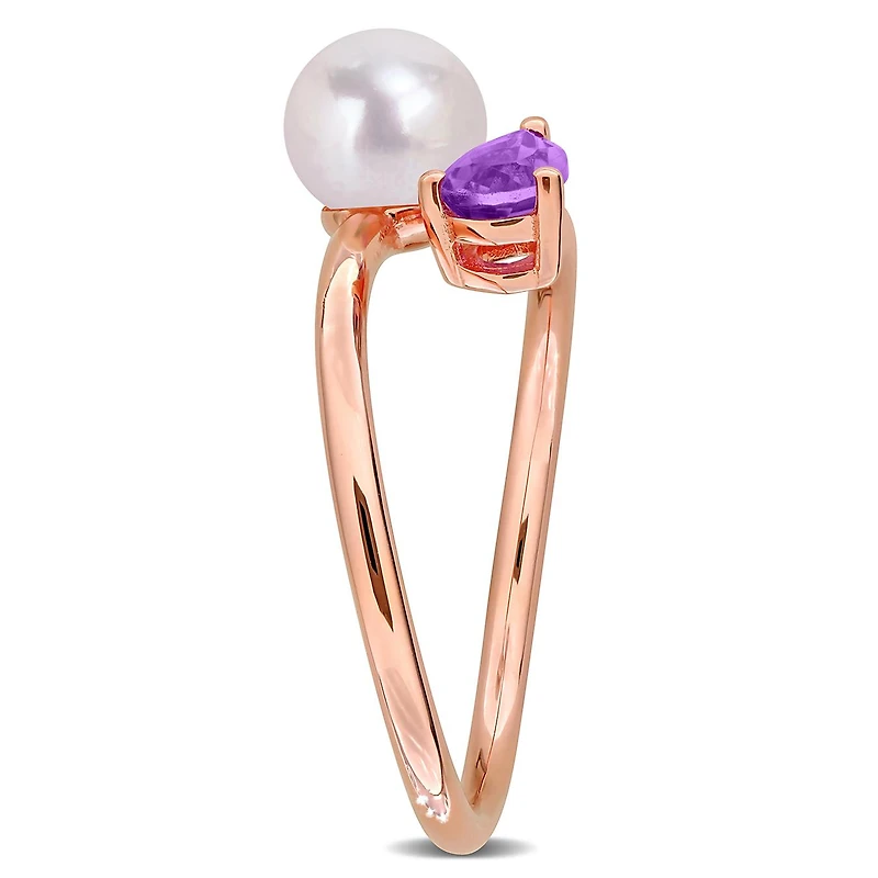 Julianna B Pink Plated Sterling Silver Amethyst & 6-6.5MM Pearl Ring