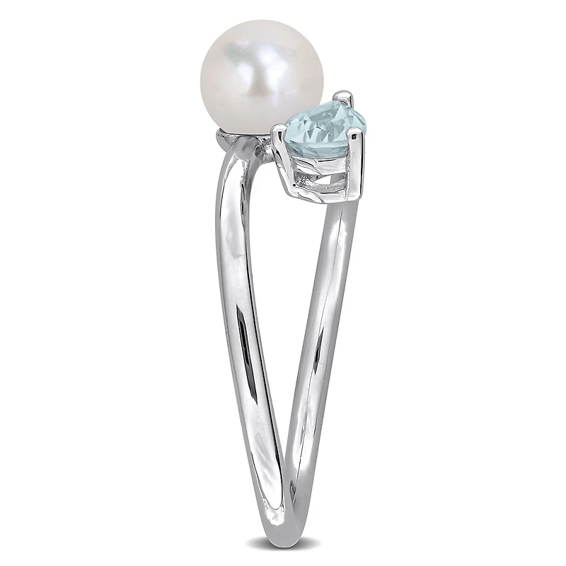 Julianna B Sterling Silver Aquamarine & 6-6.5MM Pearl Ring