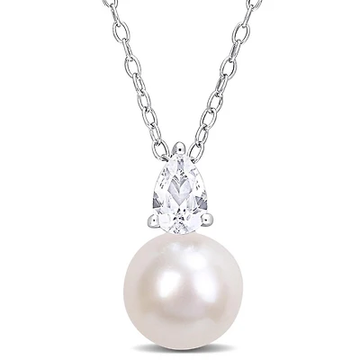 Julianna B Sterling Silver Created Sapphire & 8.5-9MM Pearl Pendant