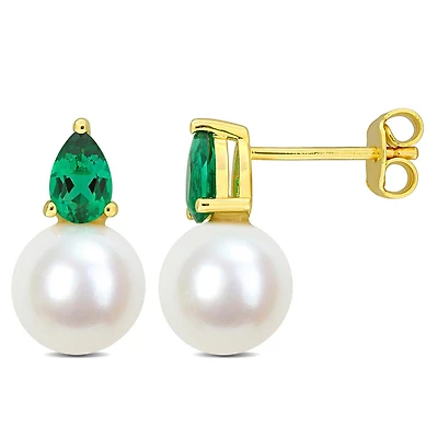 Julianna B Yellow Plated Sterling Silver Created Emerald 8.5-9MM Pearl Earrings