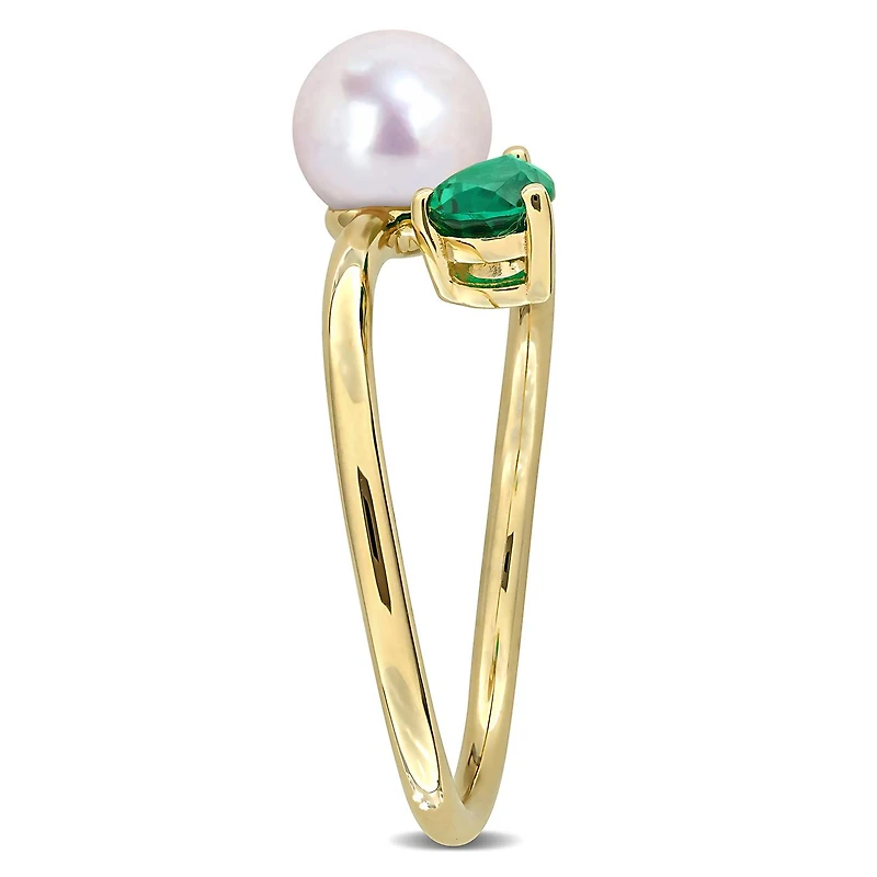 Julianna B Yellow Plated Sterling Silver Created Emerald & 6-6.5 MM Pearl Ring