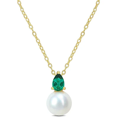 Julianna B Yellow Plated Sterling Silver Created Emerald & 8.5-9MM Pearl Pendant