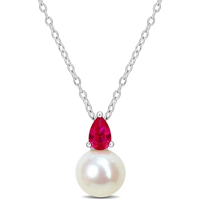 Julianna B Sterling Silver Created Ruby & 8.5-9MM Pearl Pendant