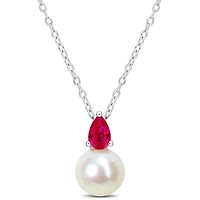 Julianna B Sterling Silver Created Ruby & 8.5-9MM Pearl Pendant