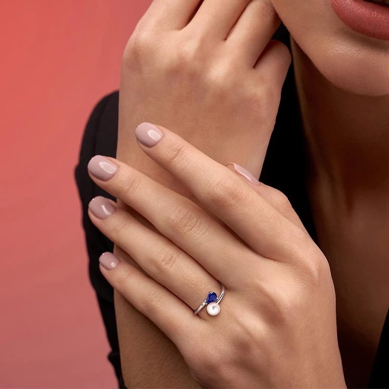 Julianna B Sterling Silver Created Blue Sapphire & 6-6.5MM Pearl Ring