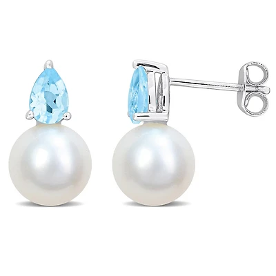 Julianna B Sterling Silver Blue Topaz & 8.5-9MM Pearl Earrings