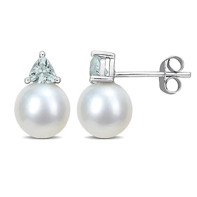 Julianna B 10K White Gold Aquamarine & 8-8.5MM Pearl Earrings