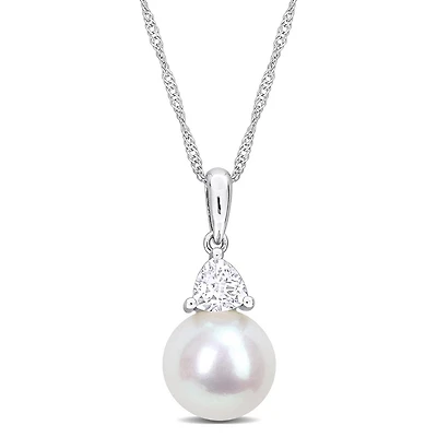 Julianna B 10K White Gold Created White Sapphire & 8-8.5MM Pearl Pendant