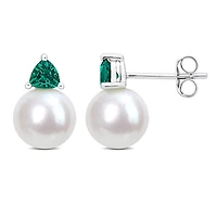 Julianna B 10K White Gold Created Emerald & 8-8.5MM Pearl Earrings