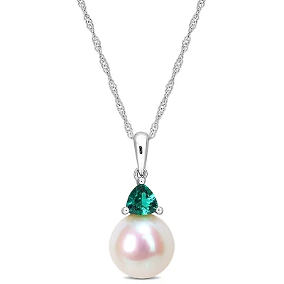 Julianna B 10K White Gold Created Emerald & 8-8.5MM Pearl Pendant