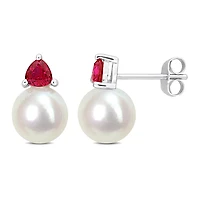 Julianna B 10K White Gold Created Ruby & 8-8.5MM Pearl Earrings