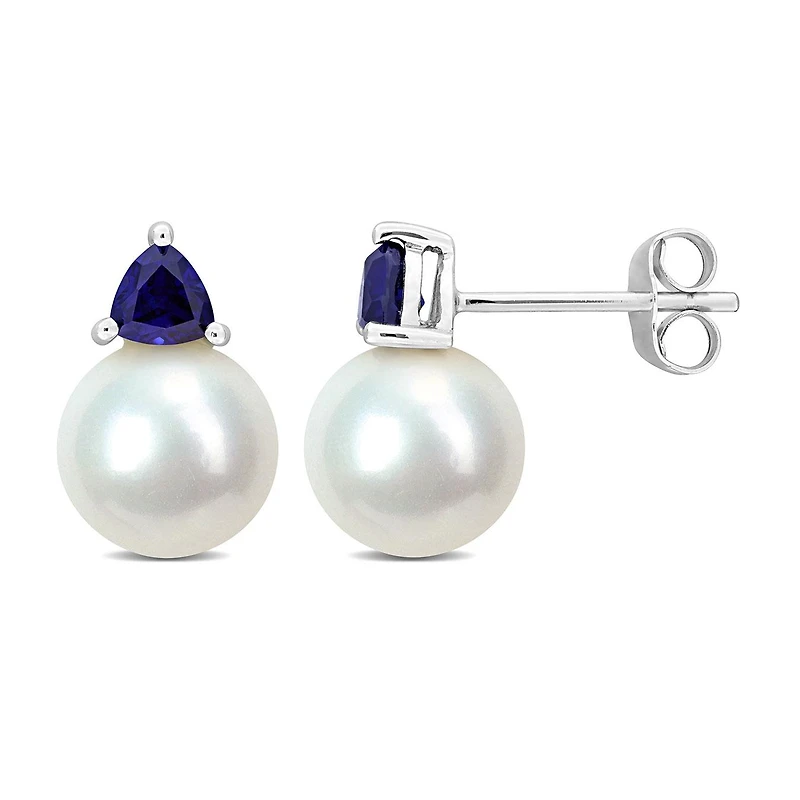 Julianna B 10K White Gold Created Blue Sapphire & 8-8.5MM Pearl Earrings