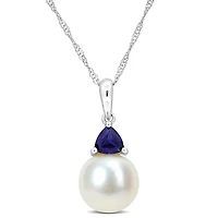 Julianna B 10K White Gold Created Blue Sapphire & 8-8.5MM Pearl Pendant