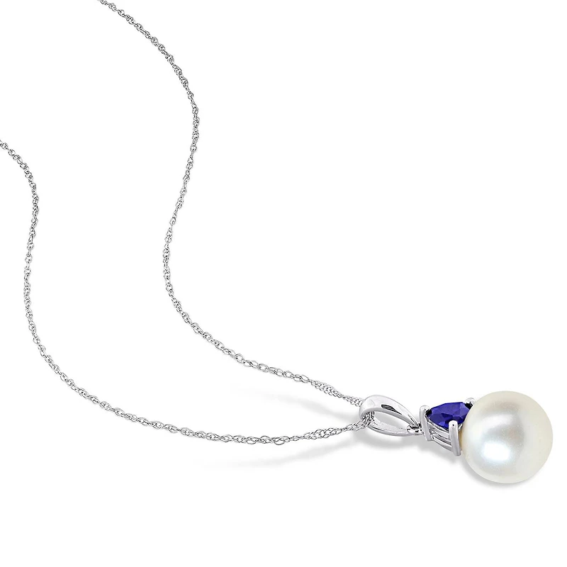 Julianna B 10K White Gold Created Blue Sapphire & 8-8.5MM Pearl Pendant