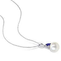 Julianna B 10K White Gold Created Blue Sapphire & 8-8.5MM Pearl Pendant