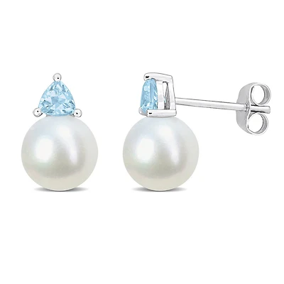 Julianna B 10K White Gold Blue Topaz & 8-8.5MM Pearl Earrings