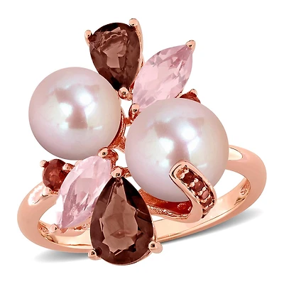 Julianna B Pink Plated Sterling Silver Pearl, Smokey Quartz & Garnet Ring