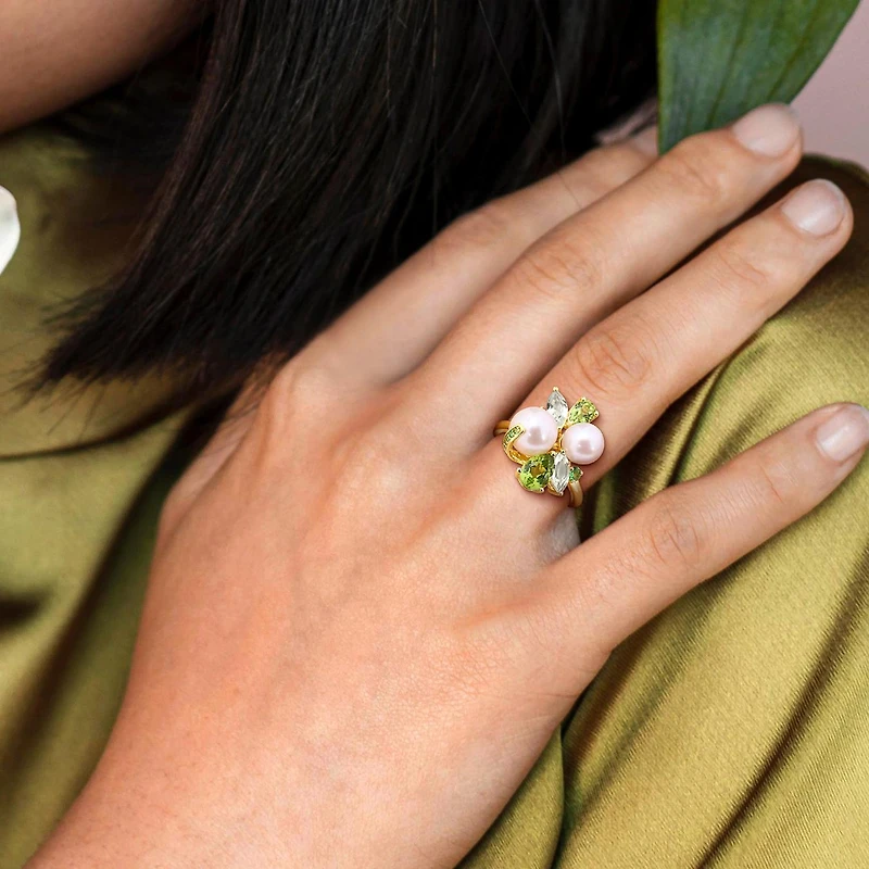 Julianna B Yellow Plated Sterling Silver Pearl, Peridot & Tsavorite Ring