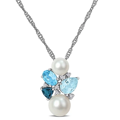 Julianna B 14K White Gold Pearl, Blue Topaz & Diamond Pendant