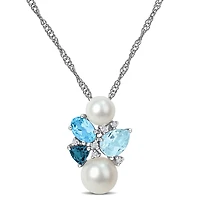 Julianna B 14K White Gold Pearl, Blue Topaz & Diamond Pendant