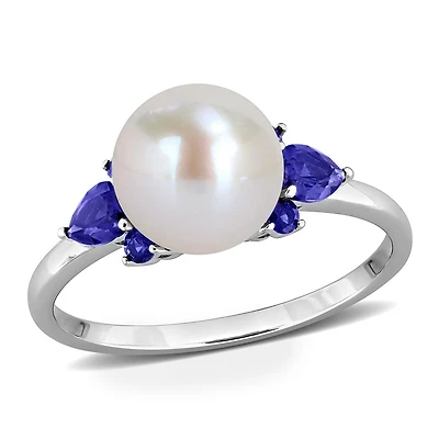 Julianna B 14K White Gold 8-8.5mm Pearl & Created Blue Sapphire Ring